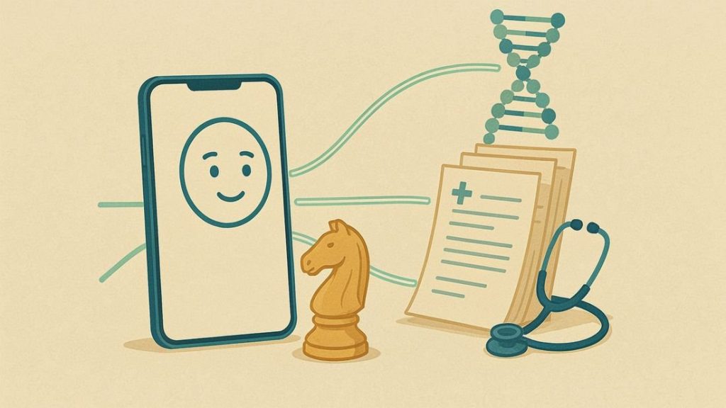 Илюстрация: телефон с AI асистент, свързан с медицински изследвания